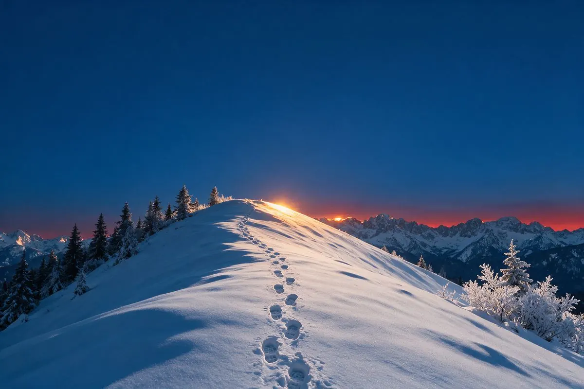 Fußspuren im Neuschnee führen einen Bergrücken hinauf in den Sonnenaufgang
