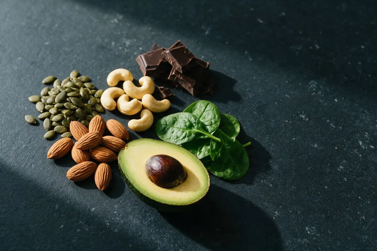 Kürbiskerne, Mandeln, Cashews, dunkle Schokolade, Spinat und eine halbe Avocado auf dunklem Schiefer