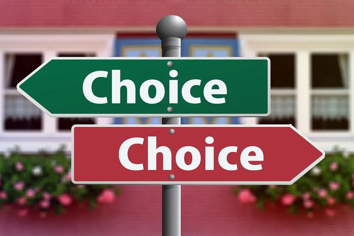 Zwei Wegweiser mit der Aufschrift „Choice“ zeigen in entgegengesetzte Richtungen
