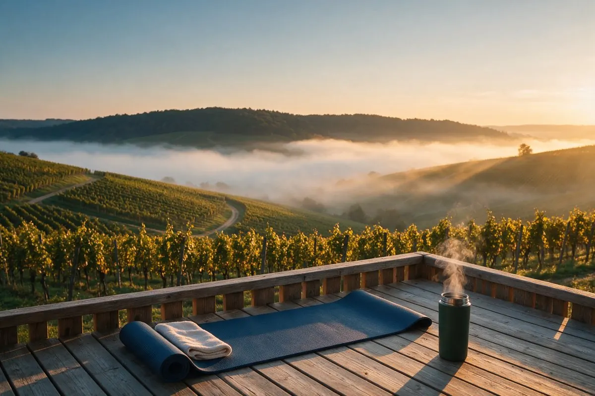 Terrasse mit Matte und Thermosbecher am Rand von Weinbergen im Morgennebel