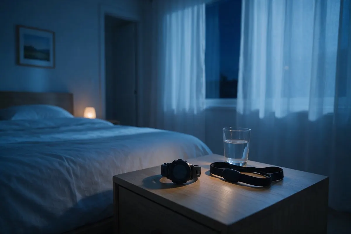 Sportuhr und Brustgurt auf einem Nachttisch neben einem Glas Wasser, Morgenlicht im Schlafzimmer