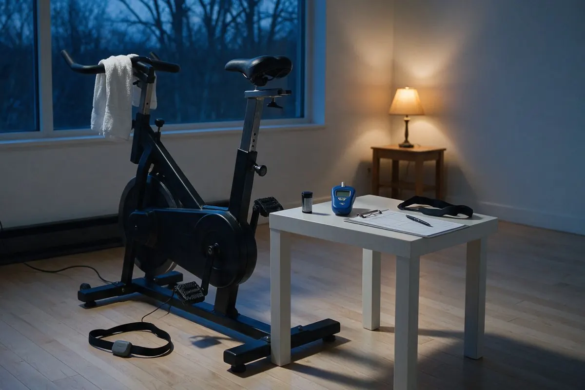 Ergometer in einem Messraum, daneben ein Tisch mit Laktat-Messgerät, Teststreifen, Protokollblatt und Brustgurt