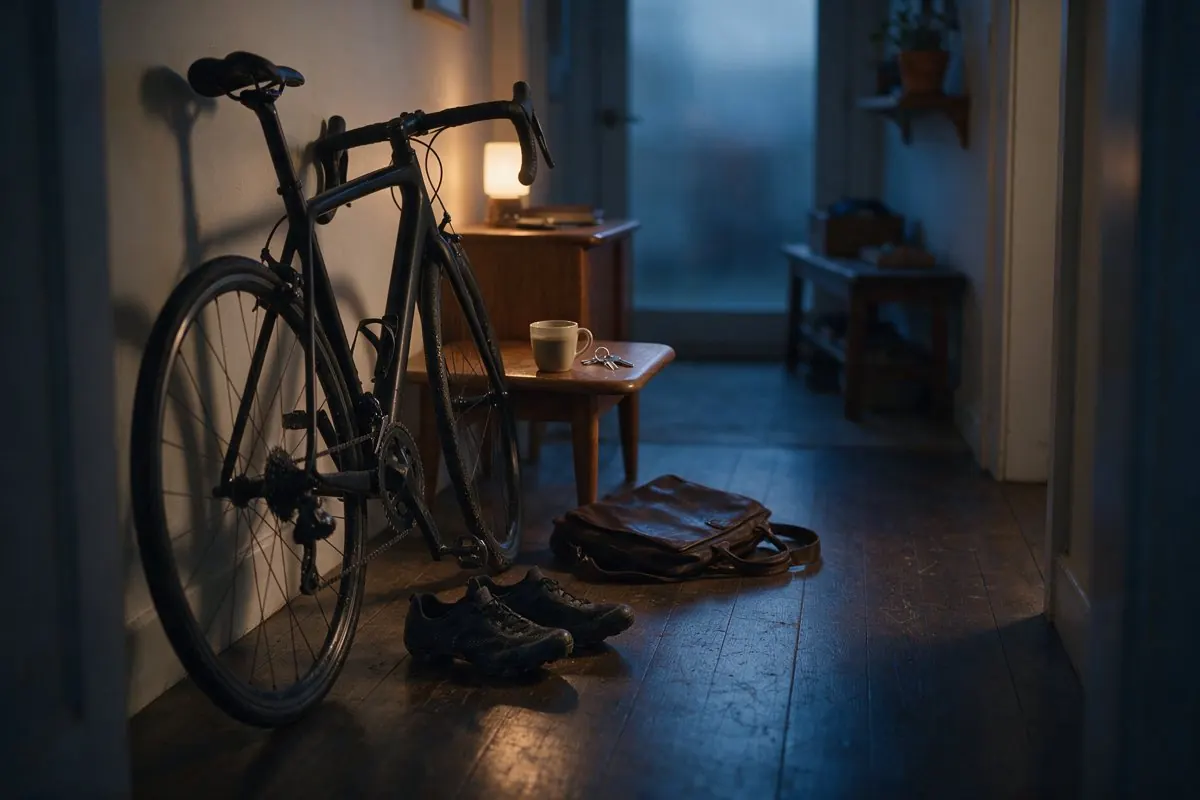 Rennrad im Flur am späten Abend, daneben Radschuhe, eine Laptoptasche und eine halb leere Kaffeetasse