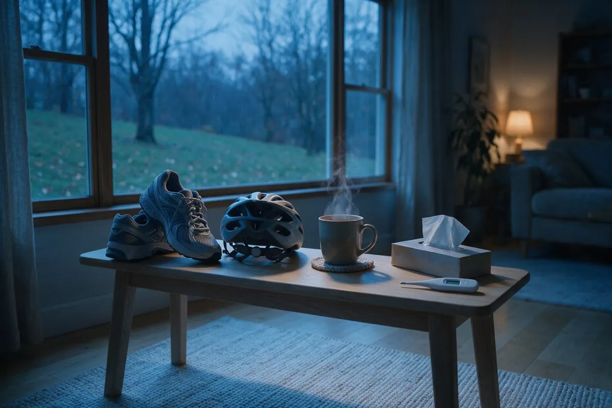 Laufschuhe und Radhelm am Fenster, daneben eine Tasse Tee, Taschentücher und ein Fieberthermometer
