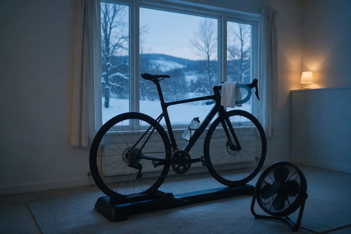 Rennrad auf einer Rolle vor einem Fenster mit Schneelandschaft, daneben ein Ventilator, über dem Lenker ein Handtuch